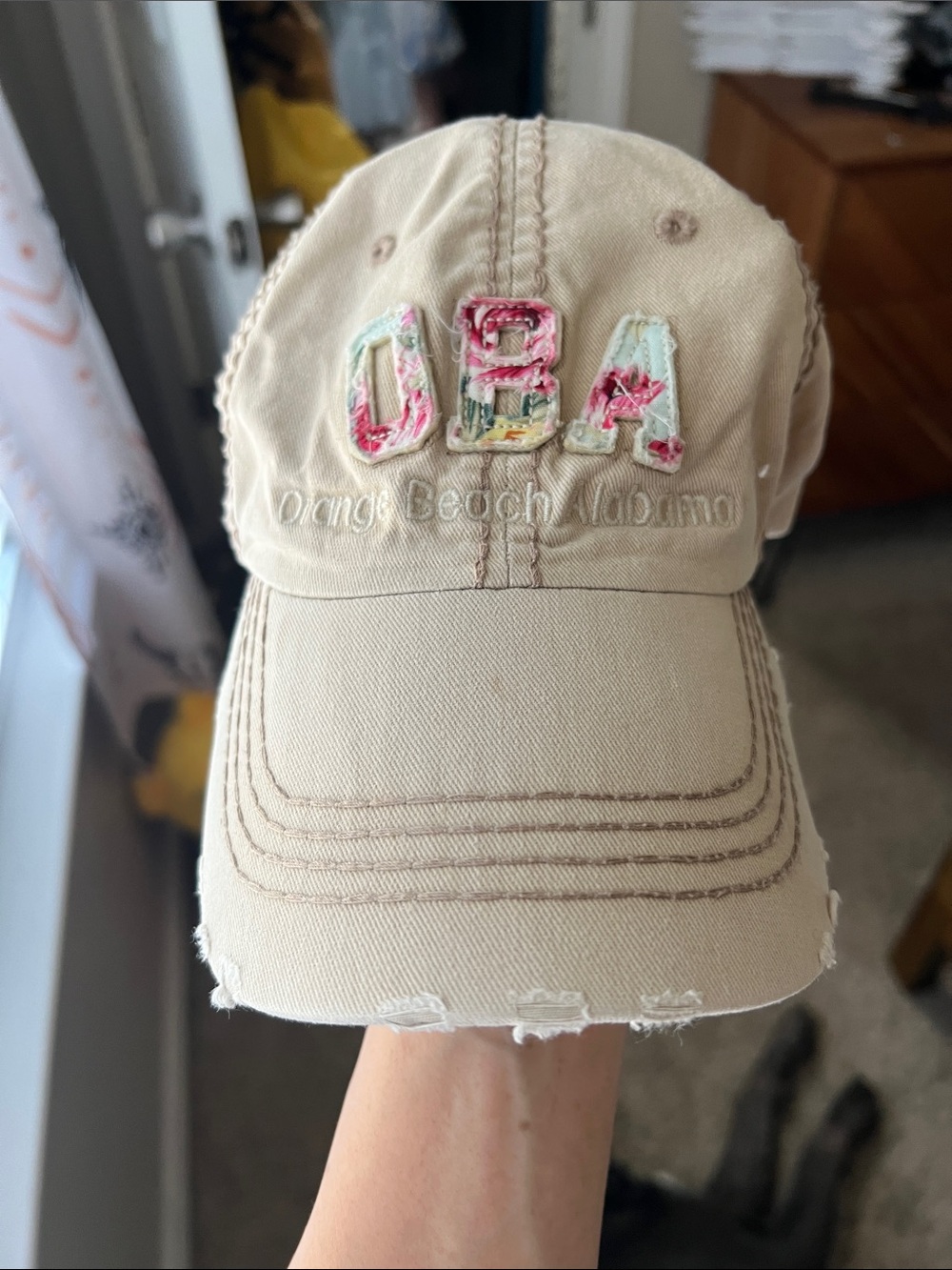 Robin Ruth Beige Baseball Cap with Floral OBA Patch